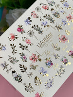 Nail Water Decal CF-115 | Floral Water Slide Nail Decals | Colorful Flowers, Greenery & Gold Botanical Accents - UASLIDER
