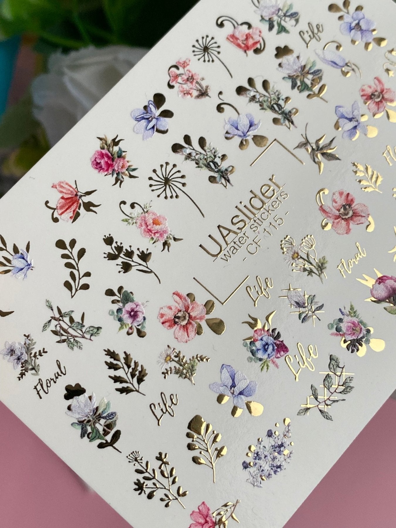 Nail Water Decal CF-115 | Floral Water Slide Nail Decals | Colorful Flowers, Greenery & Gold Botanical Accents - UASLIDER
