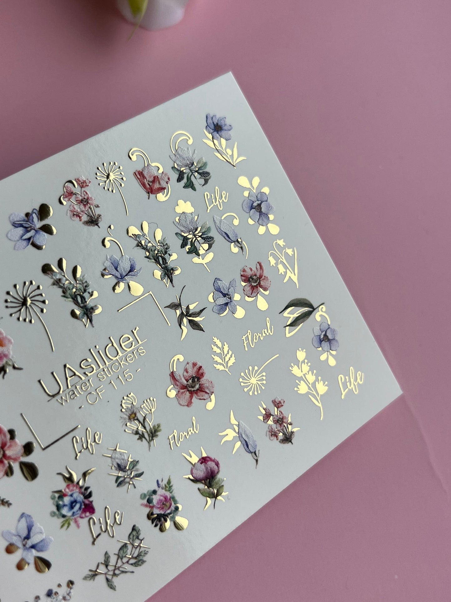 Nail Water Decal CF-115 | Floral Water Slide Nail Decals | Colorful Flowers, Greenery & Gold Botanical Accents