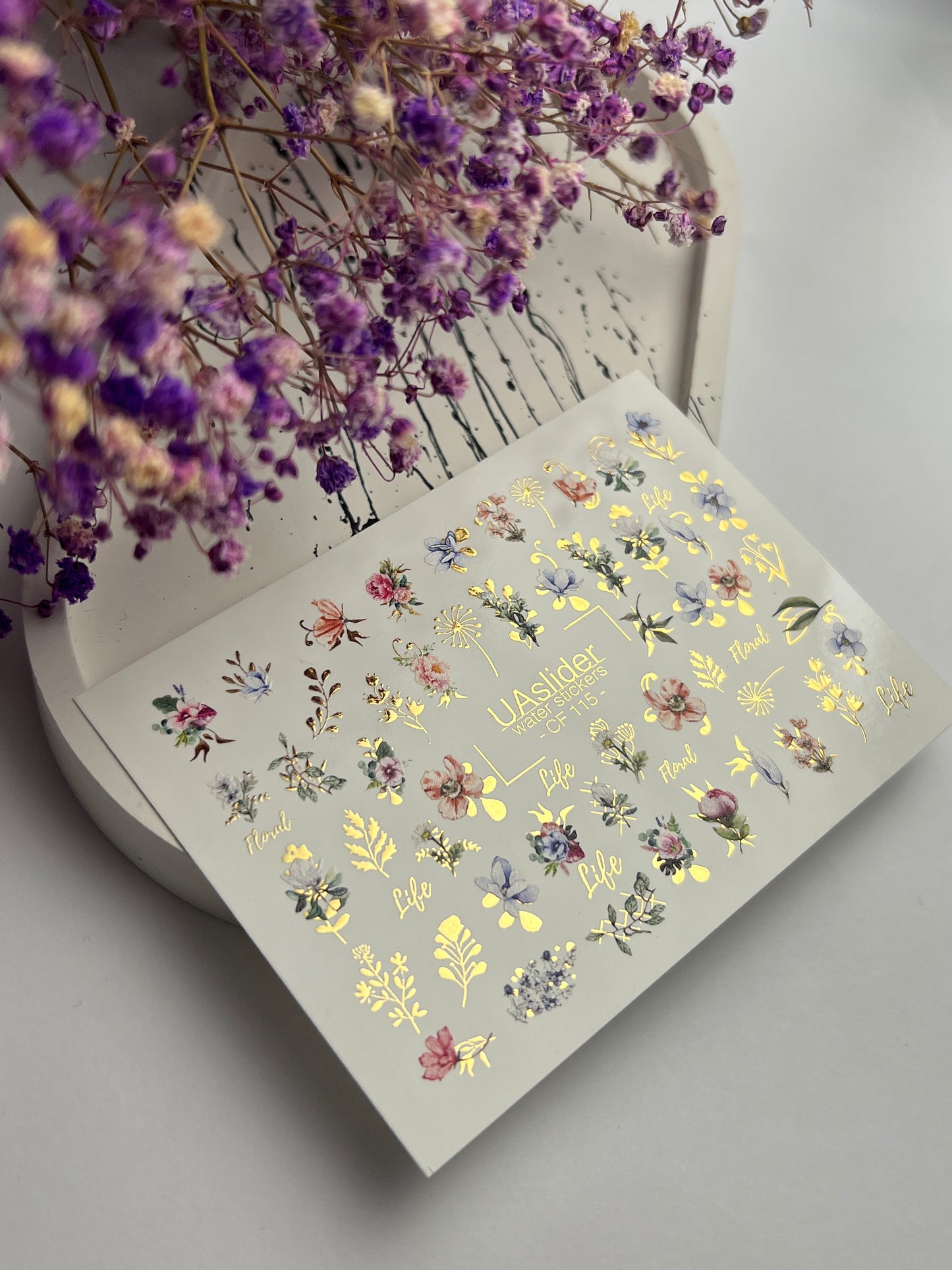 Nail Water Decal CF-115 | Floral Water Slide Nail Decals | Colorful Flowers, Greenery & Gold Botanical Accents