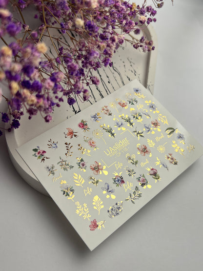 Nail Water Decal CF-115 | Floral Water Slide Nail Decals | Colorful Flowers, Greenery & Gold Botanical Accents