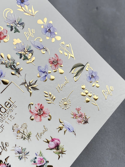 Nail Water Decal CF-115 | Floral Water Slide Nail Decals | Colorful Flowers, Greenery & Gold Botanical Accents