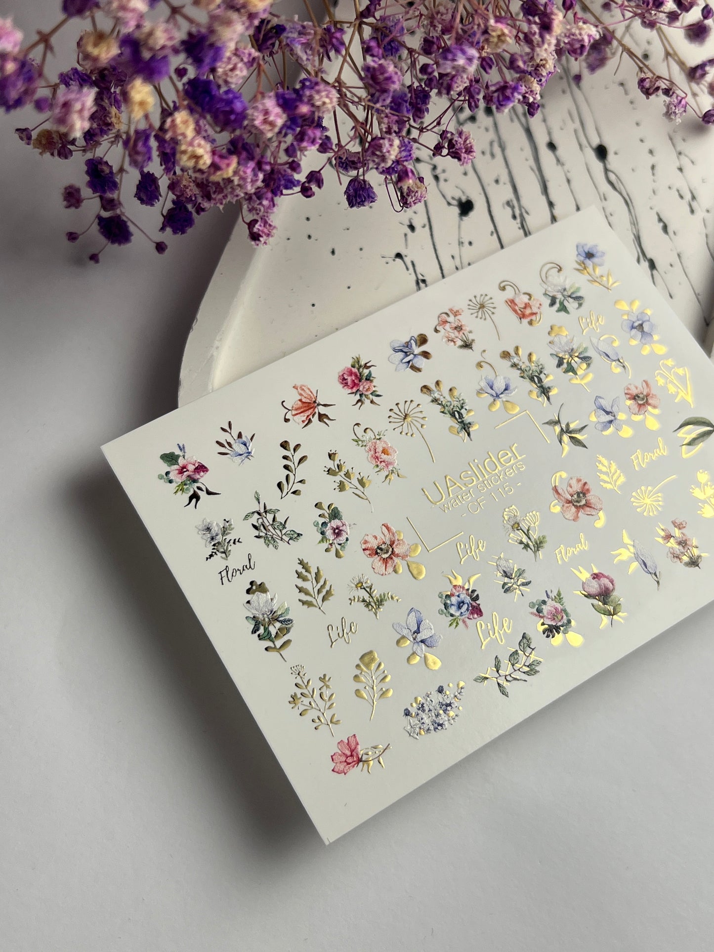 Nail Water Decal CF-115 | Floral Water Slide Nail Decals | Colorful Flowers, Greenery & Gold Botanical Accents