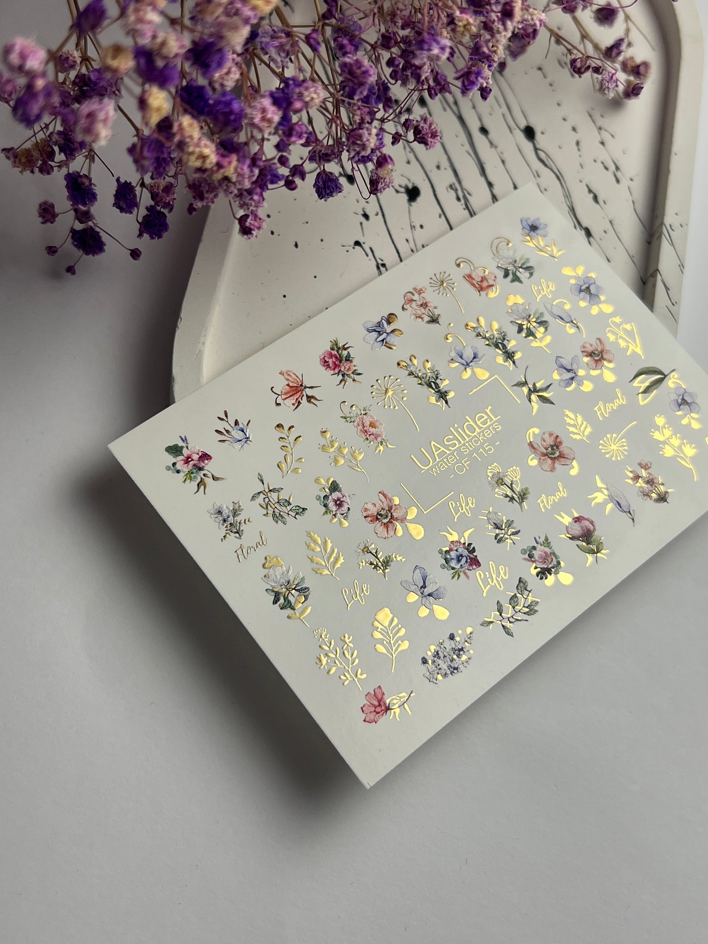 Nail Water Decal CF-115 | Floral Water Slide Nail Decals | Colorful Flowers, Greenery & Gold Botanical Accents