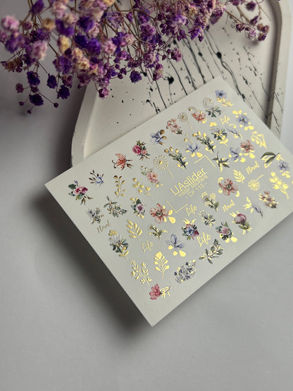 Nail Water Decal CF-115 | Floral Water Slide Nail Decals | Colorful Flowers, Greenery & Gold Botanical Accents