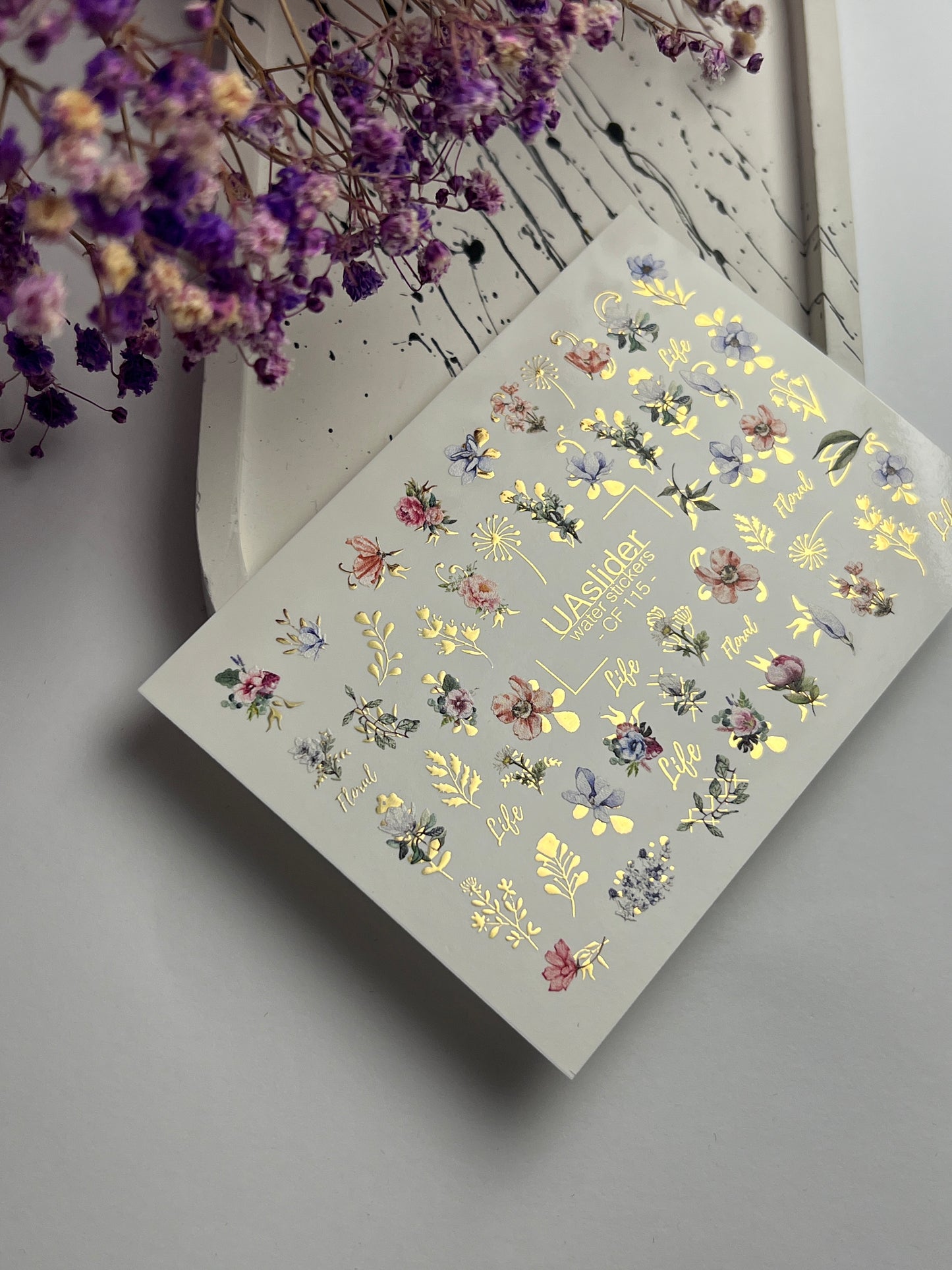 Nail Water Decal CF-115 | Floral Water Slide Nail Decals | Colorful Flowers, Greenery & Gold Botanical Accents
