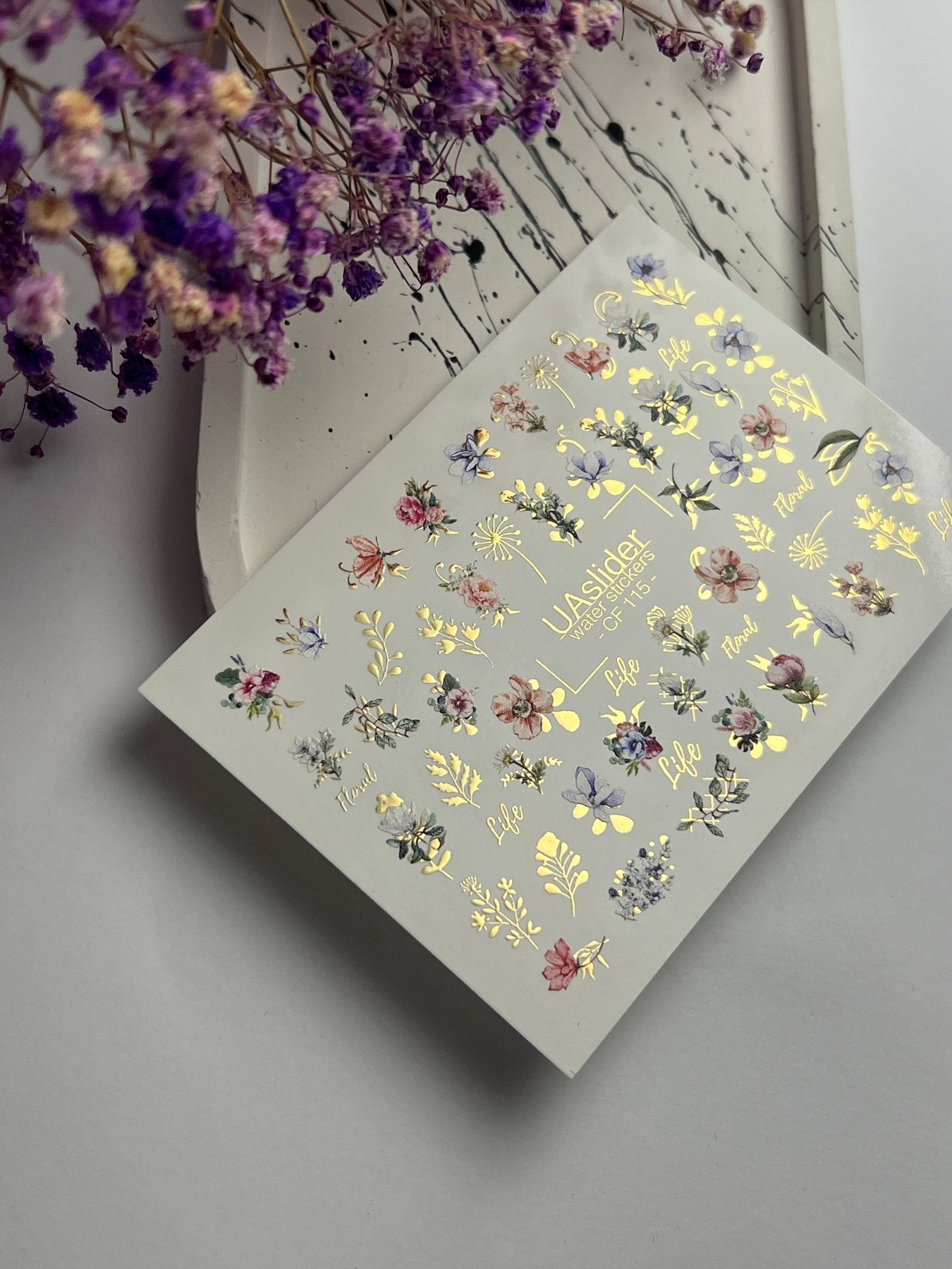 Nail Water Decal CF-115 | Floral Water Slide Nail Decals | Colorful Flowers, Greenery & Gold Botanical Accents - UASLIDER