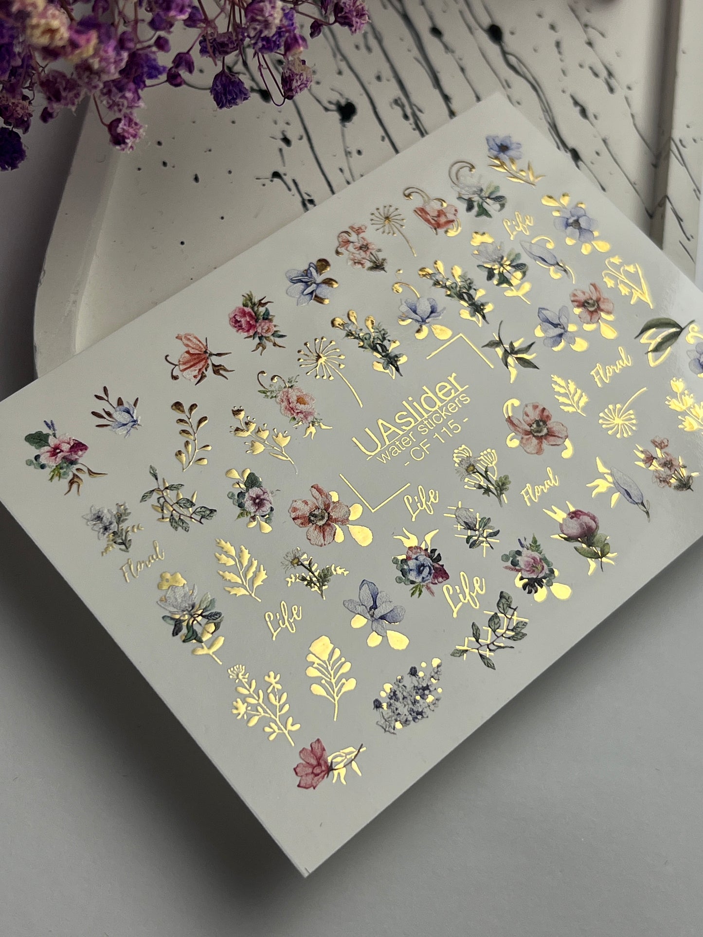 Nail Water Decal CF-115 | Floral Water Slide Nail Decals | Colorful Flowers, Greenery & Gold Botanical Accents