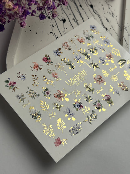 Nail Water Decal CF-115 | Floral Water Slide Nail Decals | Colorful Flowers, Greenery & Gold Botanical Accents