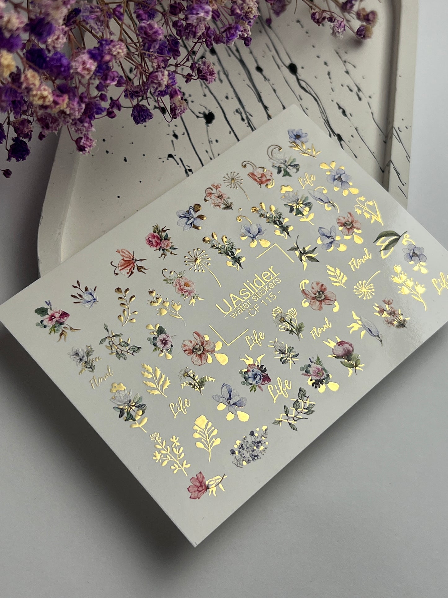 Nail Water Decal CF-115 | Floral Water Slide Nail Decals | Colorful Flowers, Greenery & Gold Botanical Accents