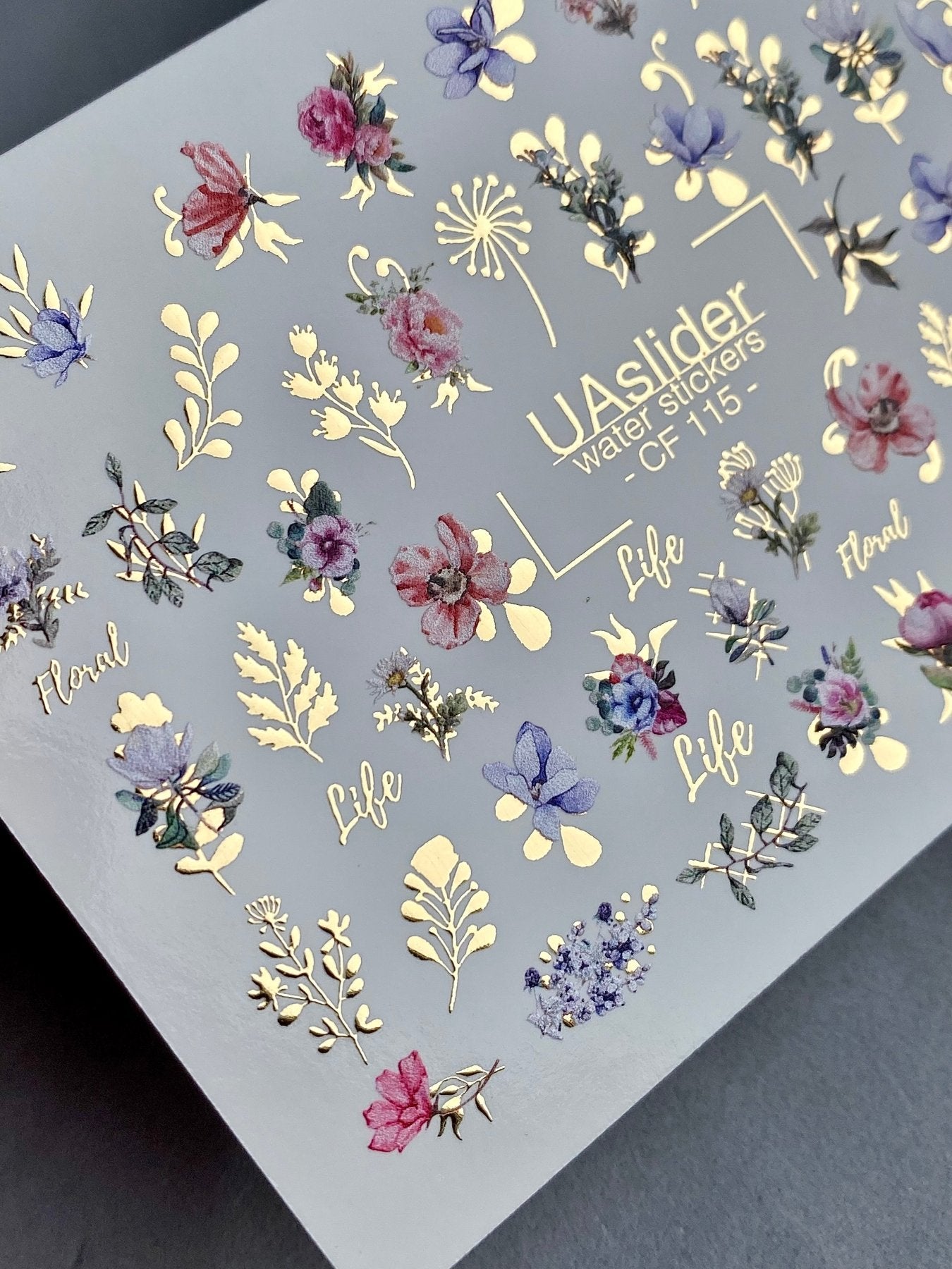 Nail Water Decal CF-115 | Floral Water Slide Nail Decals | Colorful Flowers, Greenery & Gold Botanical Accents - UASLIDER