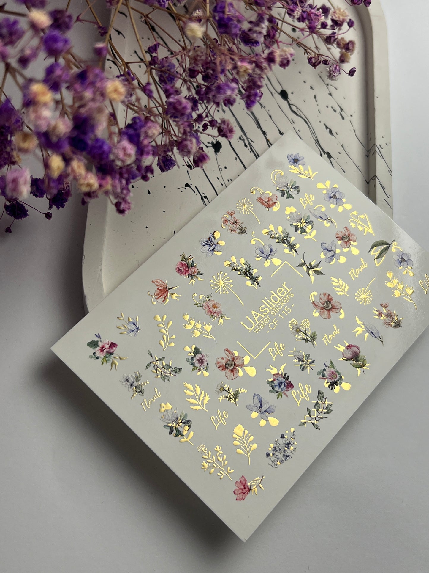 Nail Water Decal CF-115 | Floral Water Slide Nail Decals | Colorful Flowers, Greenery & Gold Botanical Accents
