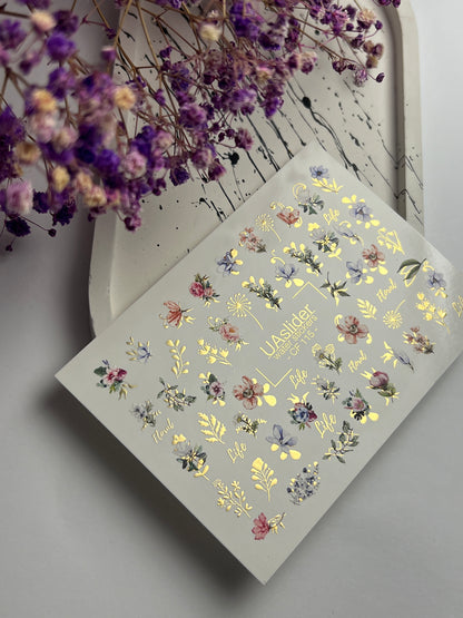 Nail Water Decal CF-115 | Floral Water Slide Nail Decals | Colorful Flowers, Greenery & Gold Botanical Accents