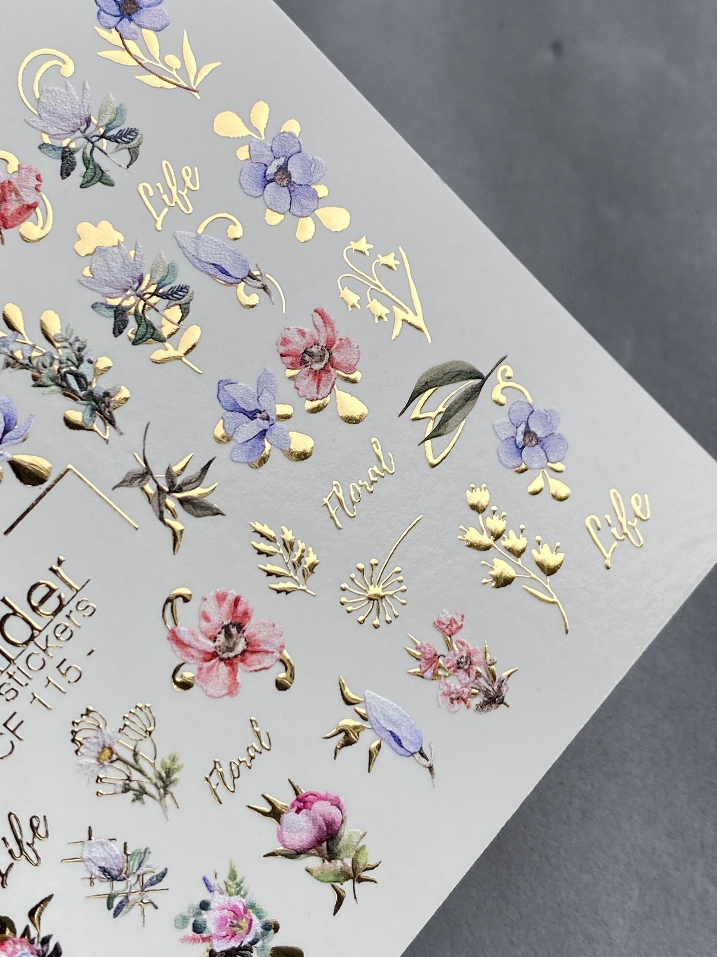 Nail Water Decal CF-115 | Floral Water Slide Nail Decals | Colorful Flowers, Greenery & Gold Botanical Accents