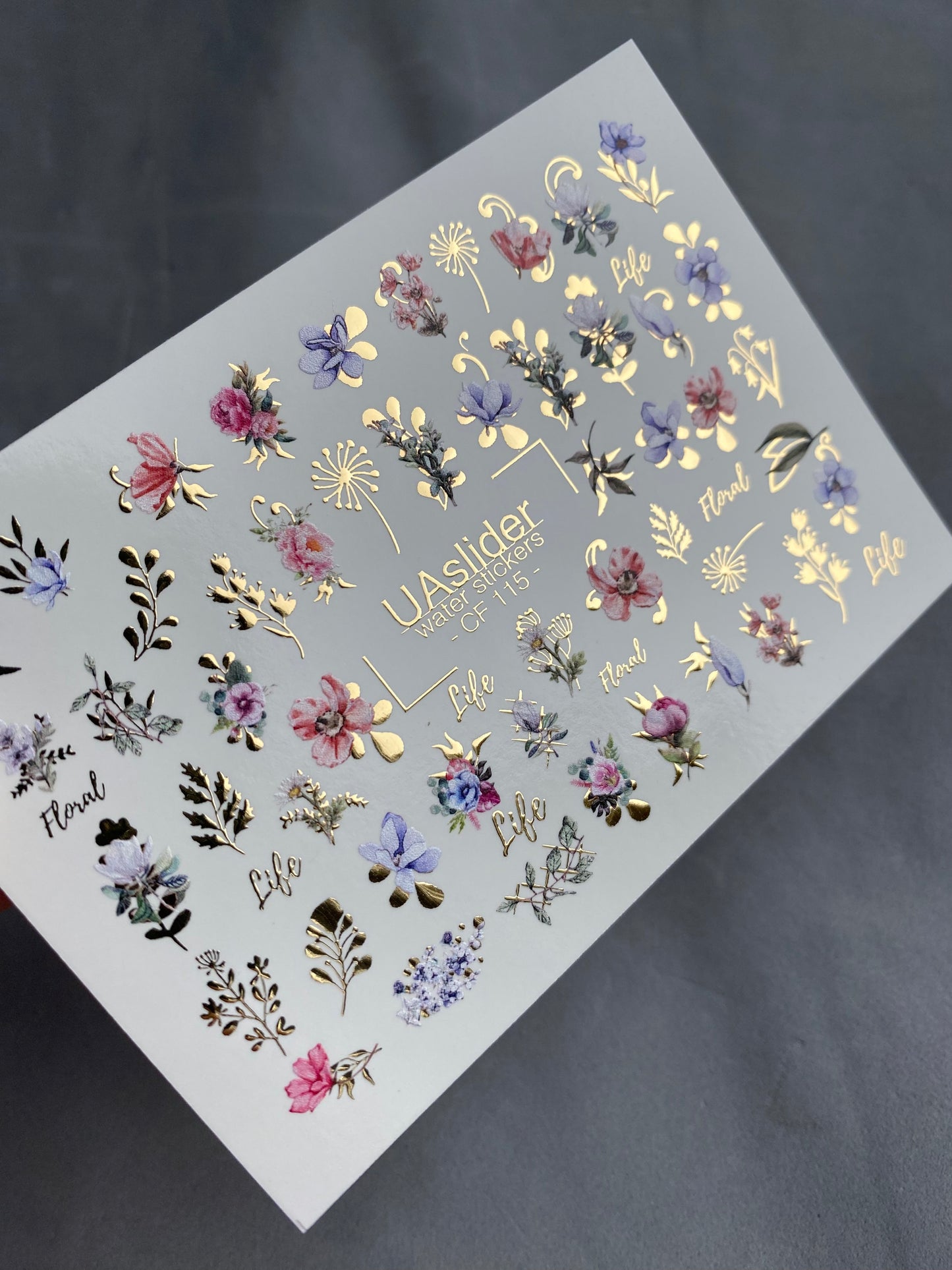 Nail Water Decal CF-115 | Floral Water Slide Nail Decals | Colorful Flowers, Greenery & Gold Botanical Accents