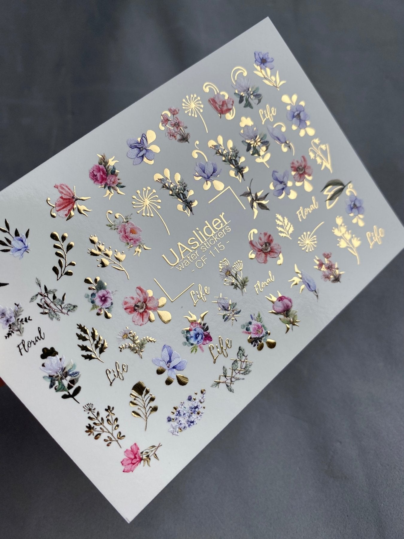 Nail Water Decal CF-115 | Floral Water Slide Nail Decals | Colorful Flowers, Greenery & Gold Botanical Accents - UASLIDER