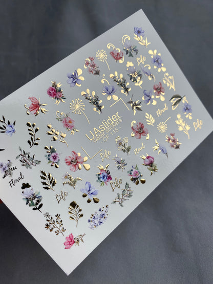 Nail Water Decal CF-115 | Floral Water Slide Nail Decals | Colorful Flowers, Greenery & Gold Botanical Accents