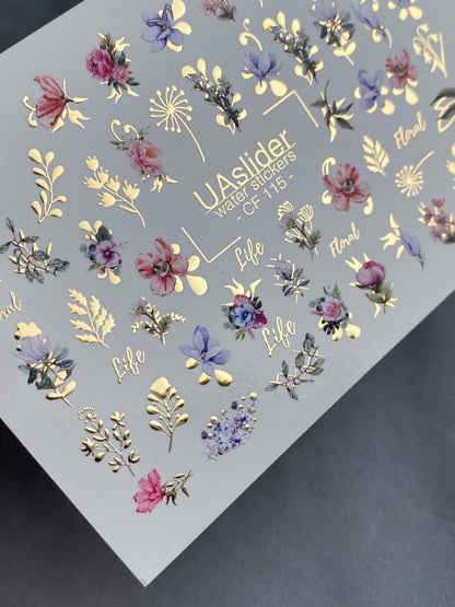 Nail Water Decal CF-115 | Floral Water Slide Nail Decals | Colorful Flowers, Greenery & Gold Botanical Accents