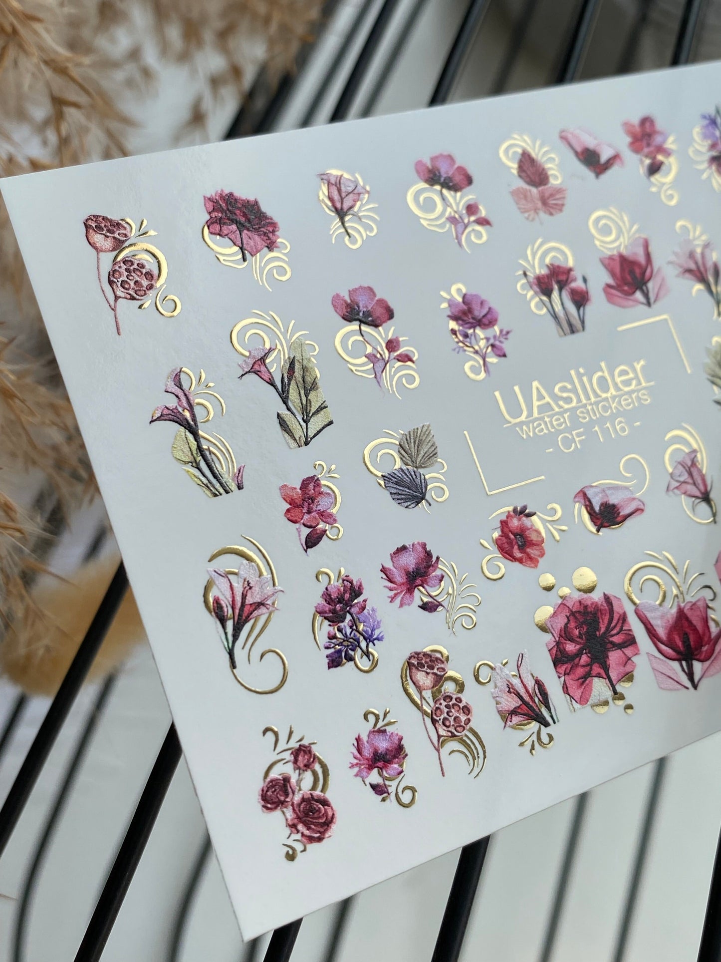 Nail Water Decal CF-116 | Floral Water Slide Nail Decals | Red & Pink Flowers with Gold Swirls