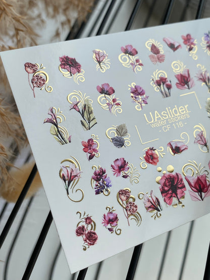 Nail Water Decal CF-116 | Floral Water Slide Nail Decals | Red & Pink Flowers with Gold Swirls
