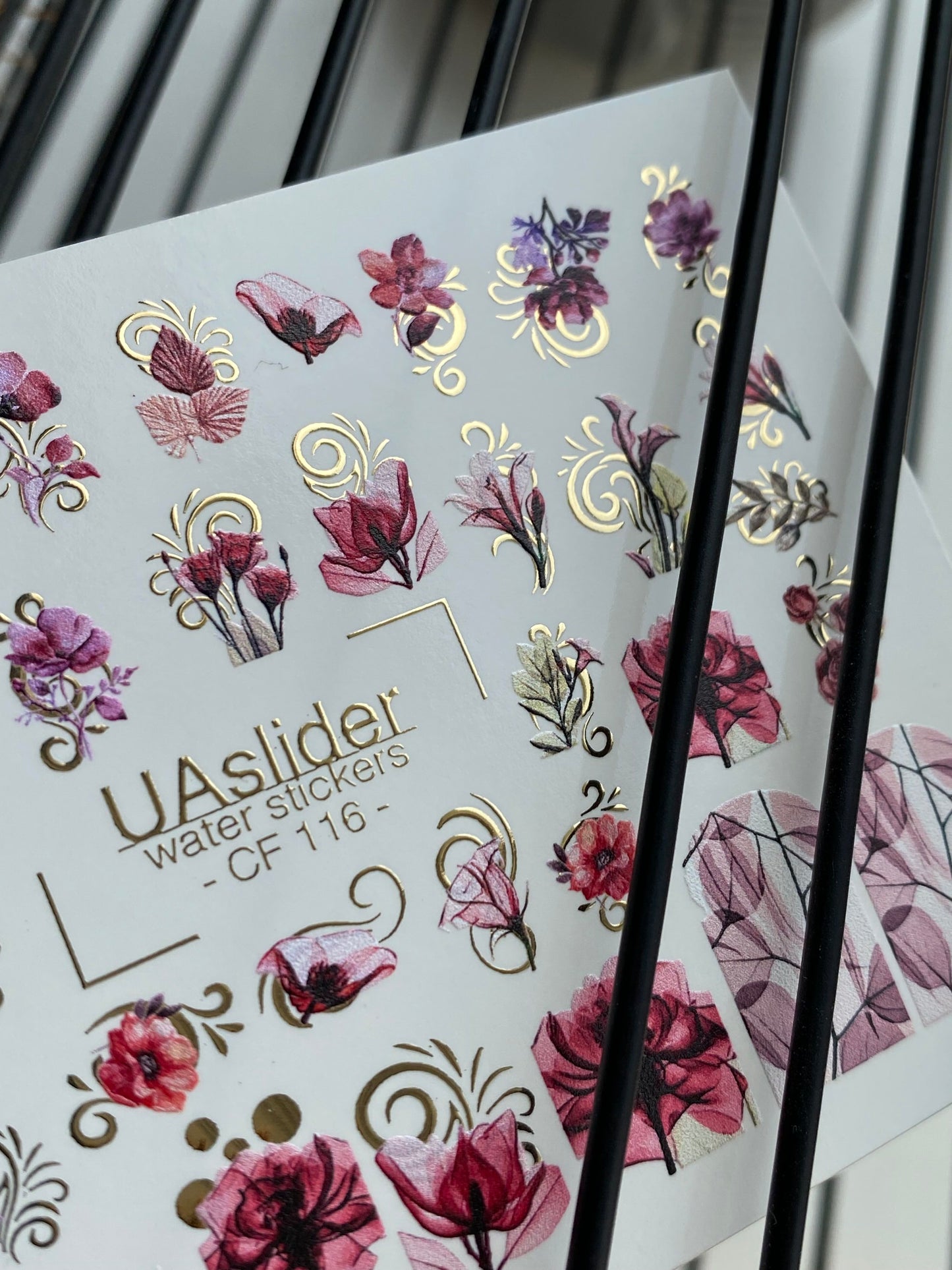 Nail Water Decal CF-116 | Floral Water Slide Nail Decals | Red & Pink Flowers with Gold Swirls