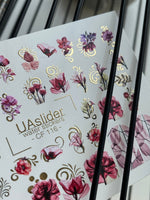 Nail Water Decal CF-116 | Floral Water Slide Nail Decals | Red & Pink Flowers with Gold Swirls - UASLIDER