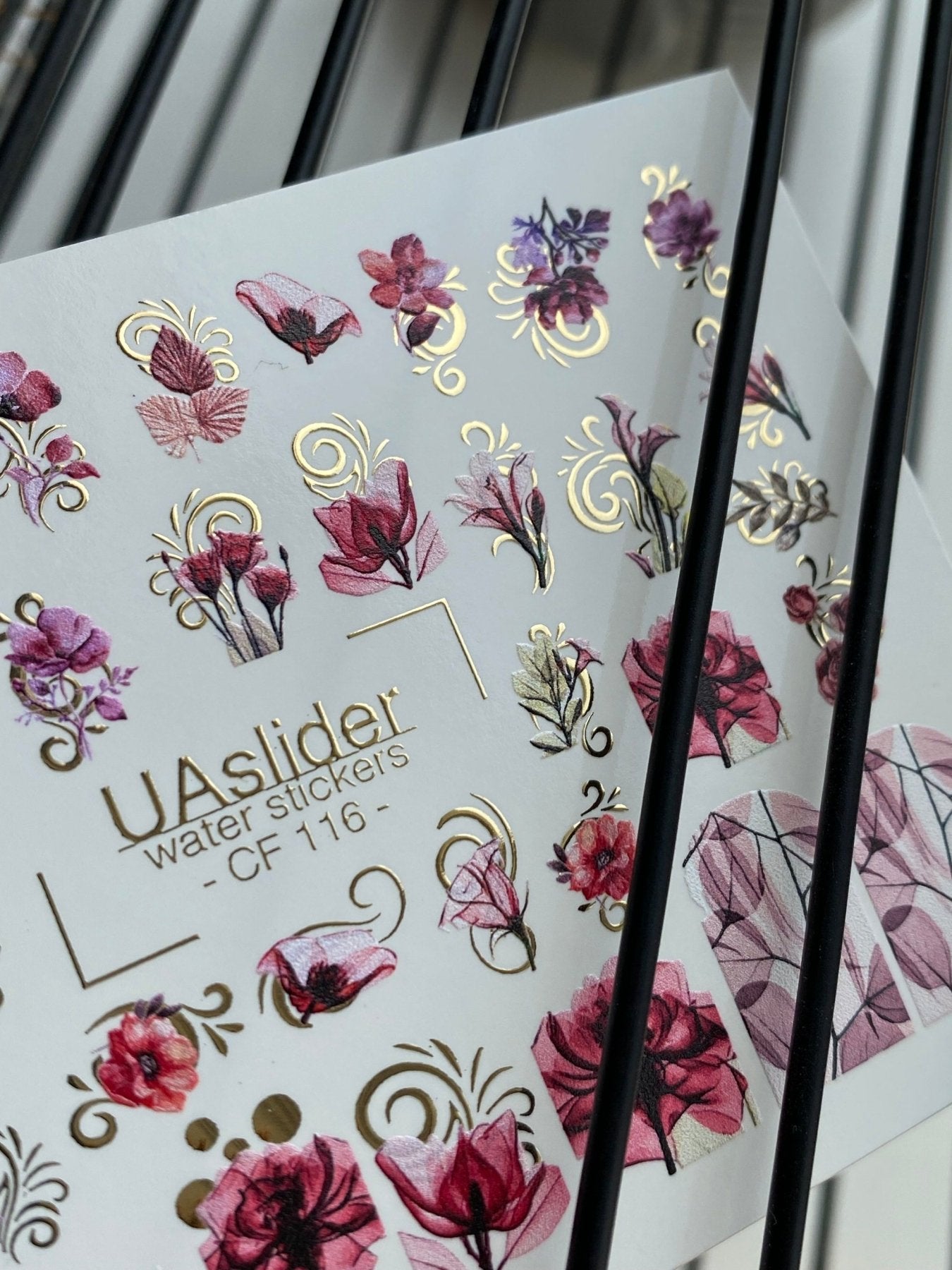 Nail Water Decal CF-116 | Floral Water Slide Nail Decals | Red & Pink Flowers with Gold Swirls - UASLIDER