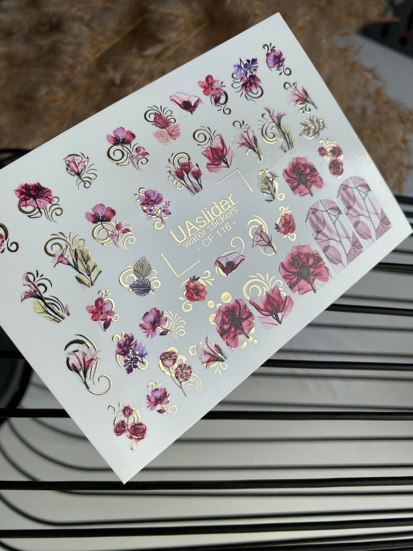 Nail Water Decal CF-116 | Floral Water Slide Nail Decals | Red & Pink Flowers with Gold Swirls