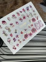 Nail Water Decal CF-116 | Floral Water Slide Nail Decals | Red & Pink Flowers with Gold Swirls - UASLIDER