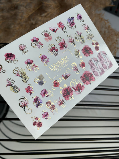 Nail Water Decal CF-116 | Floral Water Slide Nail Decals | Red & Pink Flowers with Gold Swirls