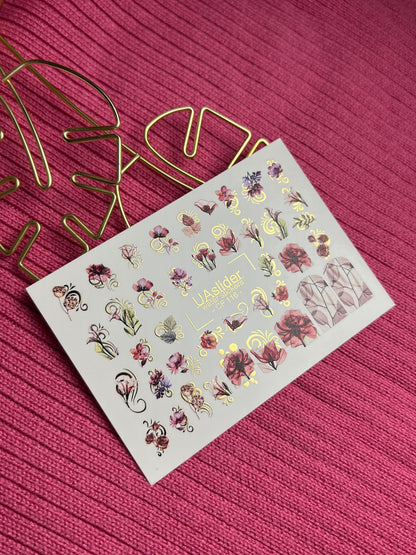 Nail Water Decal CF-116 | Floral Water Slide Nail Decals | Red & Pink Flowers with Gold Swirls