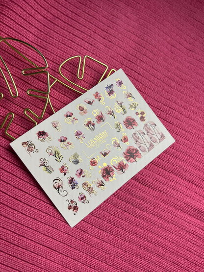 Nail Water Decal CF-116 | Floral Water Slide Nail Decals | Red & Pink Flowers with Gold Swirls