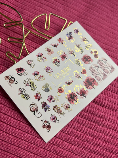 Nail Water Decal CF-116 | Floral Water Slide Nail Decals | Red & Pink Flowers with Gold Swirls