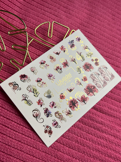 Nail Water Decal CF-116 | Floral Water Slide Nail Decals | Red & Pink Flowers with Gold Swirls