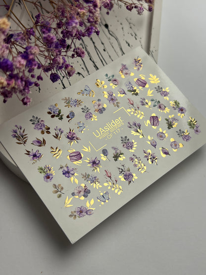 Nail Water Decal CF-117 | Floral Water Slide Nail Decals | Purple Flowers, Butterflies & Macarons