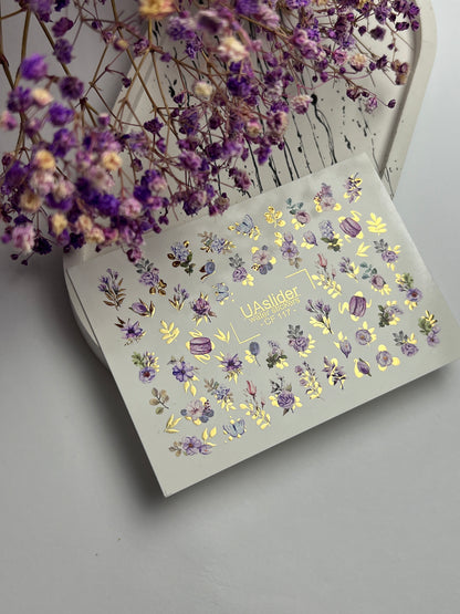 Nail Water Decal CF-117 | Floral Water Slide Nail Decals | Purple Flowers, Butterflies & Macarons