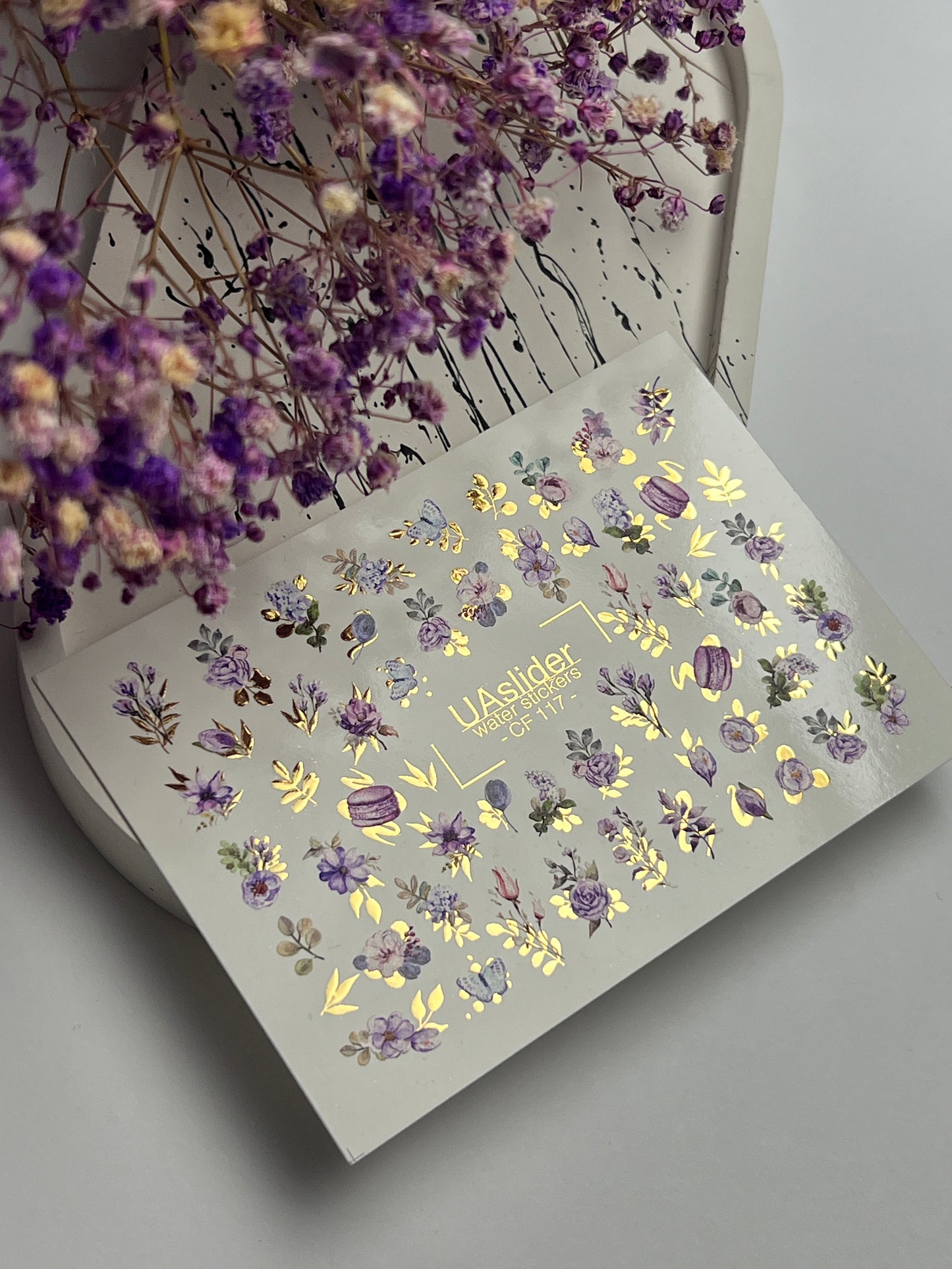 Nail Water Decal CF-117 | Floral Water Slide Nail Decals | Purple Flowers, Butterflies & Macarons