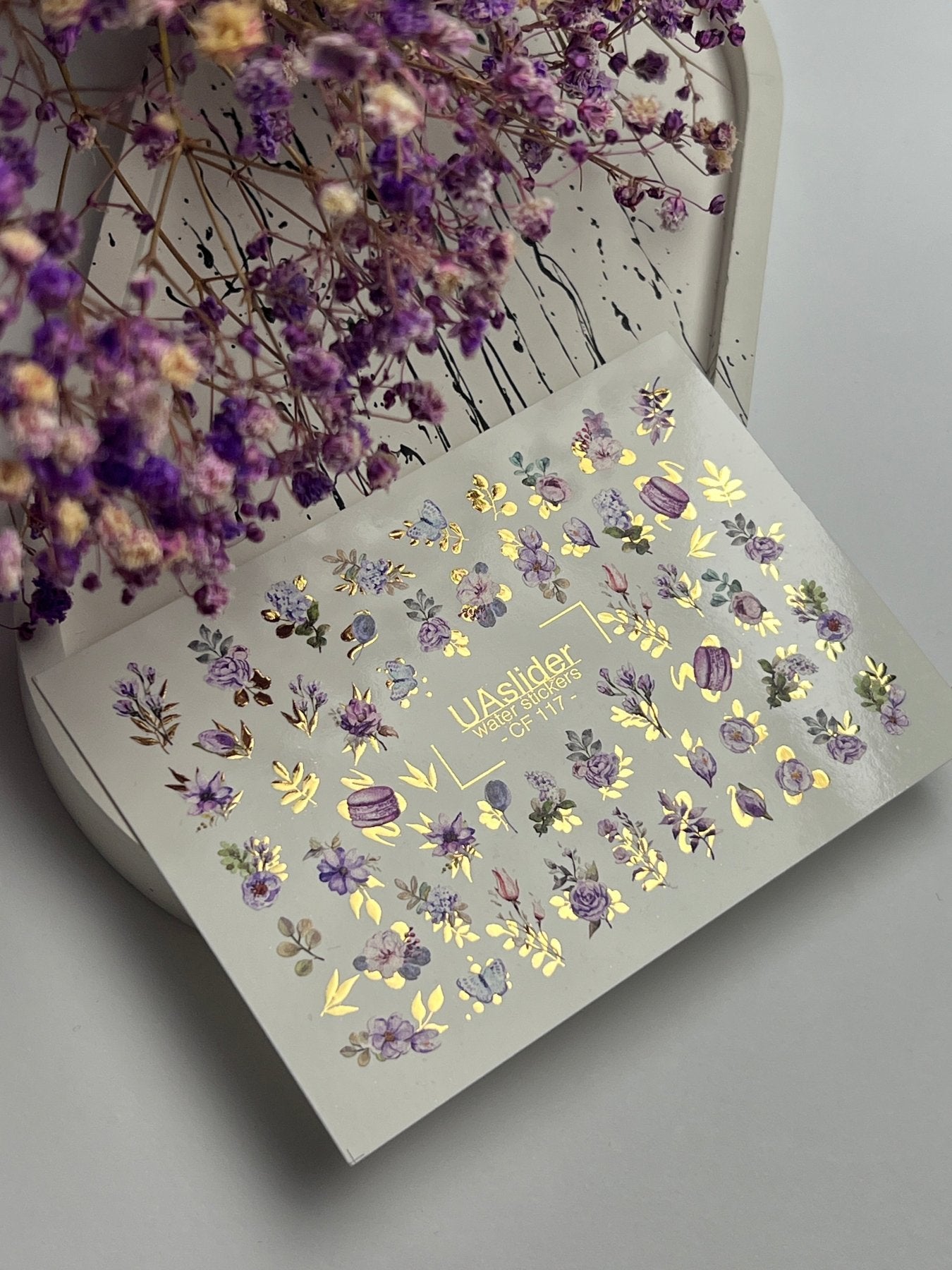 Nail Water Decal CF-117 | Floral Water Slide Nail Decals | Purple Flowers, Butterflies & Macarons - UASLIDER