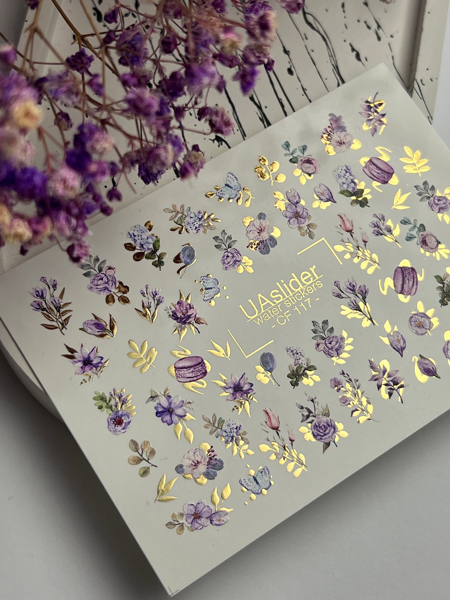 Nail Water Decal CF-117 | Floral Water Slide Nail Decals | Purple Flowers, Butterflies & Macarons