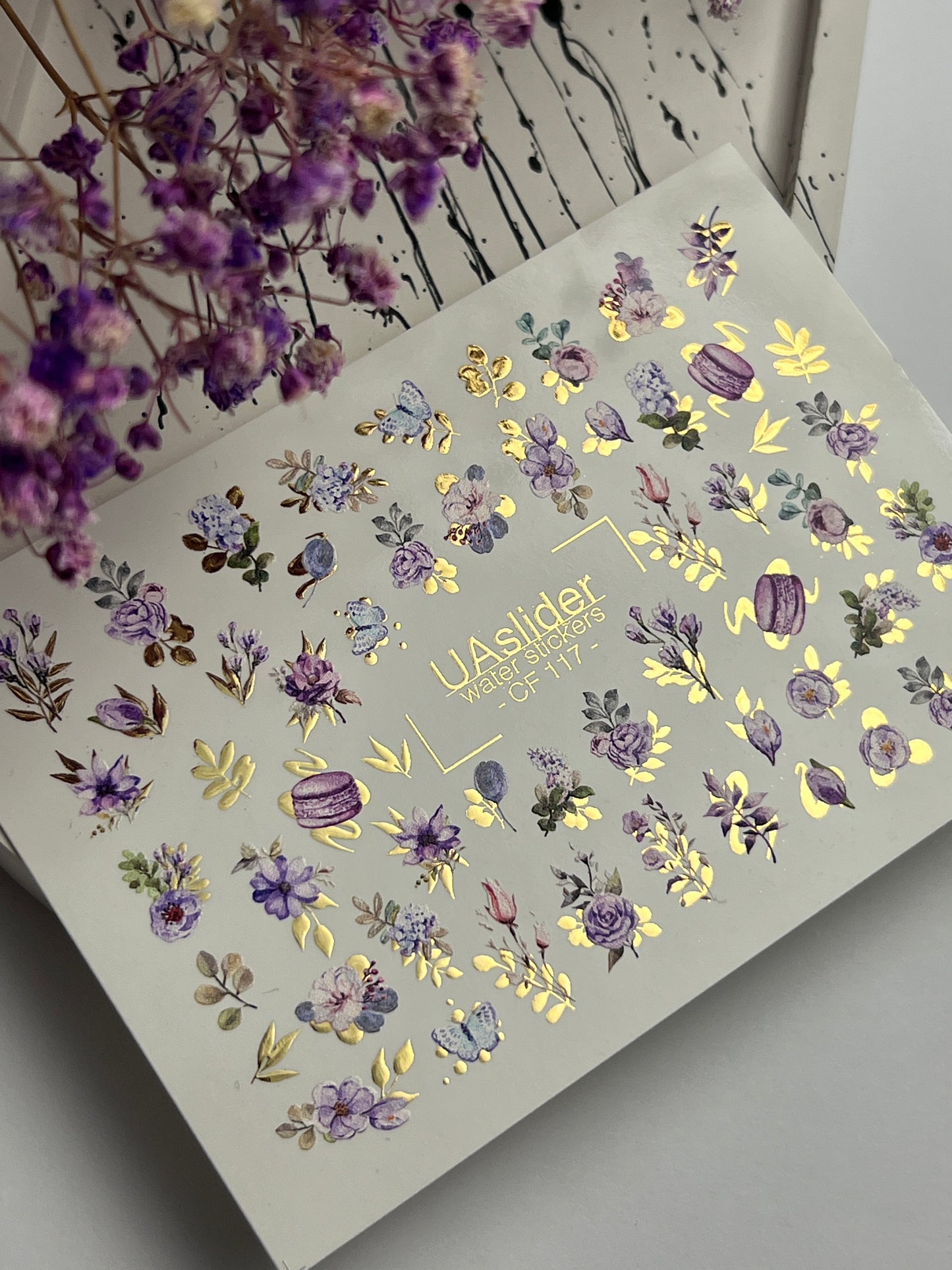 Nail Water Decal CF-117 | Floral Water Slide Nail Decals | Purple Flowers, Butterflies & Macarons
