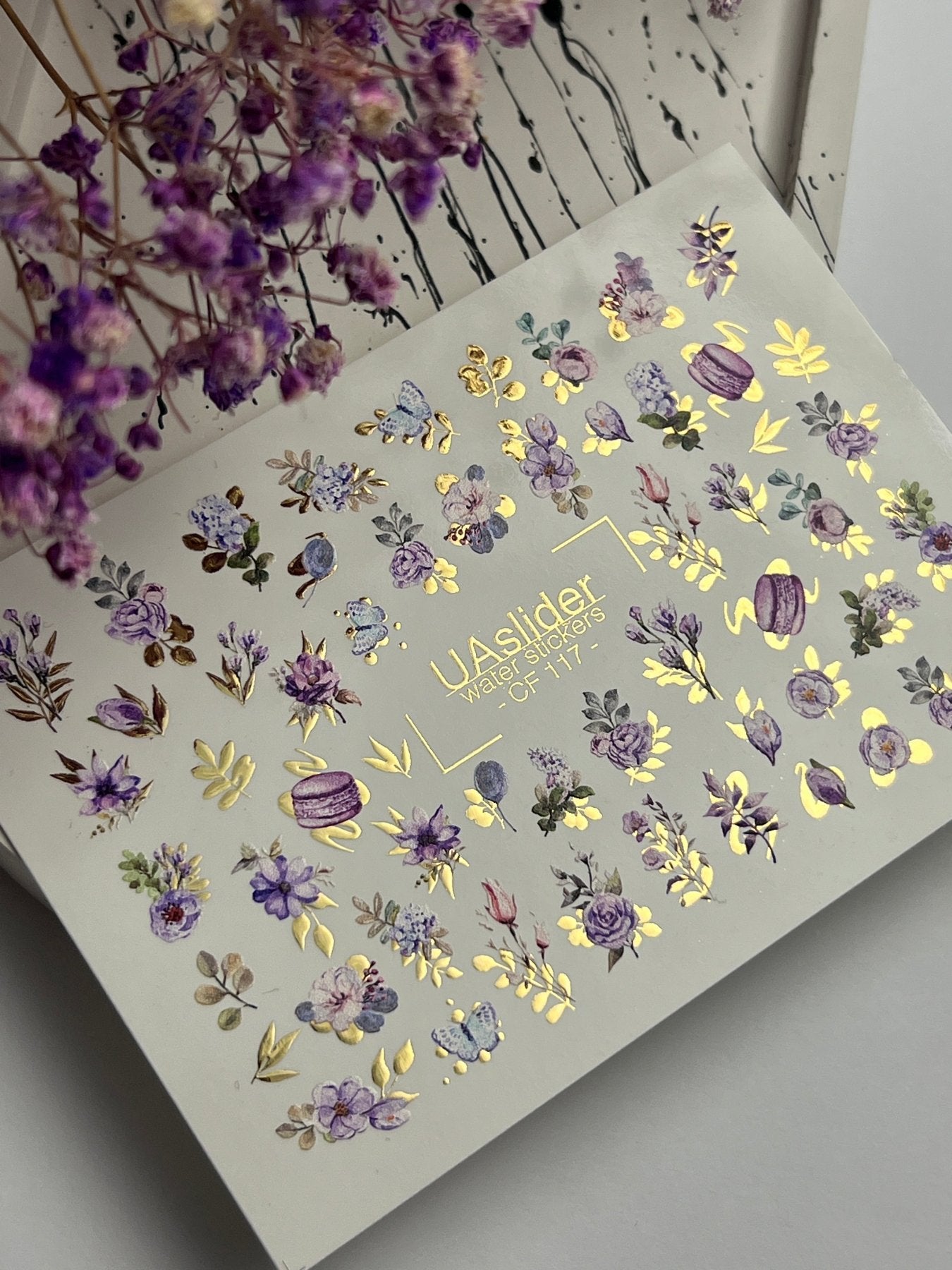 Nail Water Decal CF-117 | Floral Water Slide Nail Decals | Purple Flowers, Butterflies & Macarons - UASLIDER