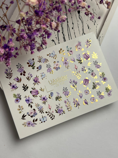 Nail Water Decal CF-117 | Floral Water Slide Nail Decals | Purple Flowers, Butterflies & Macarons