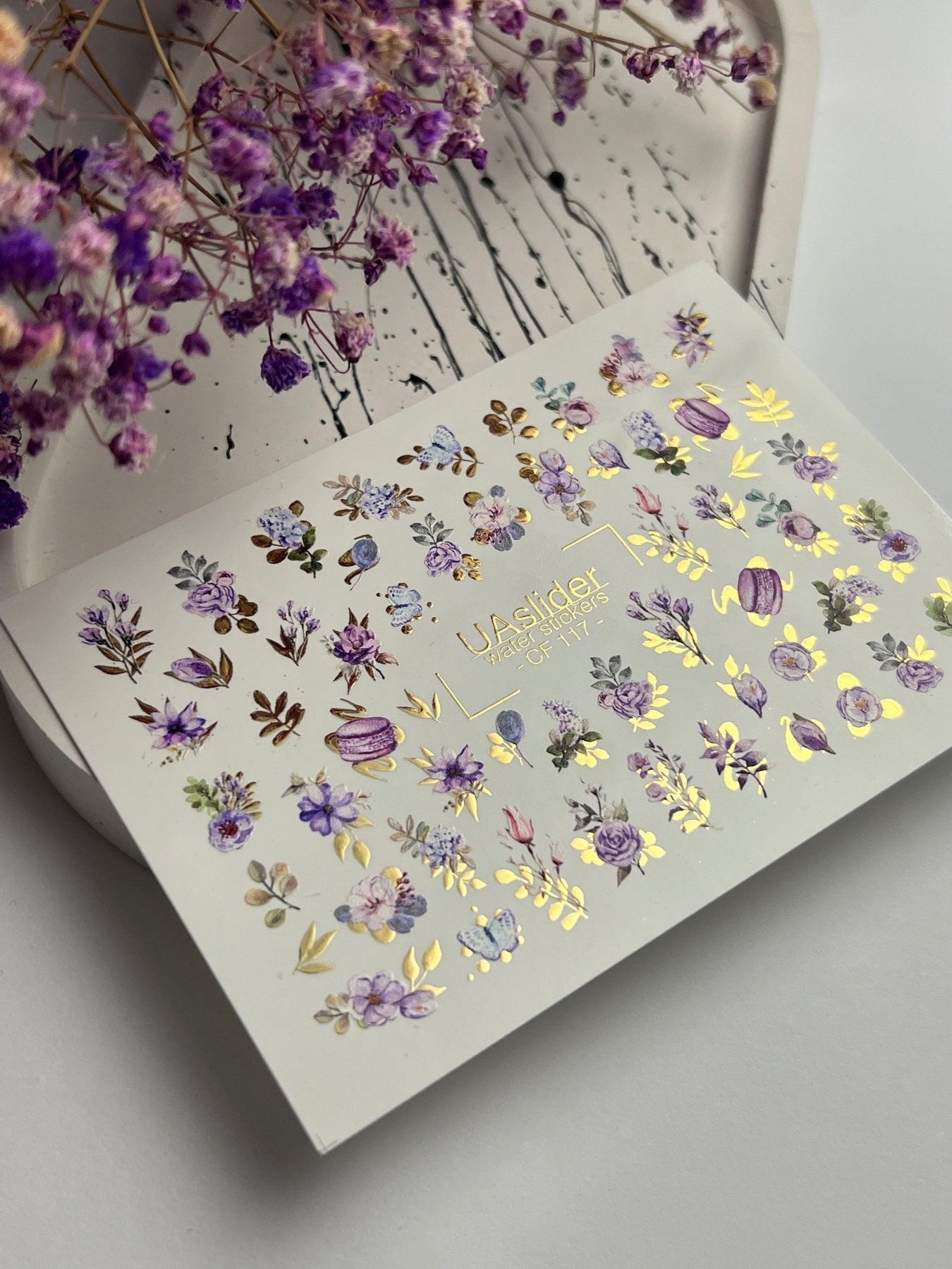 Nail Water Decal CF-117 | Floral Water Slide Nail Decals | Purple Flowers, Butterflies & Macarons - UASLIDER