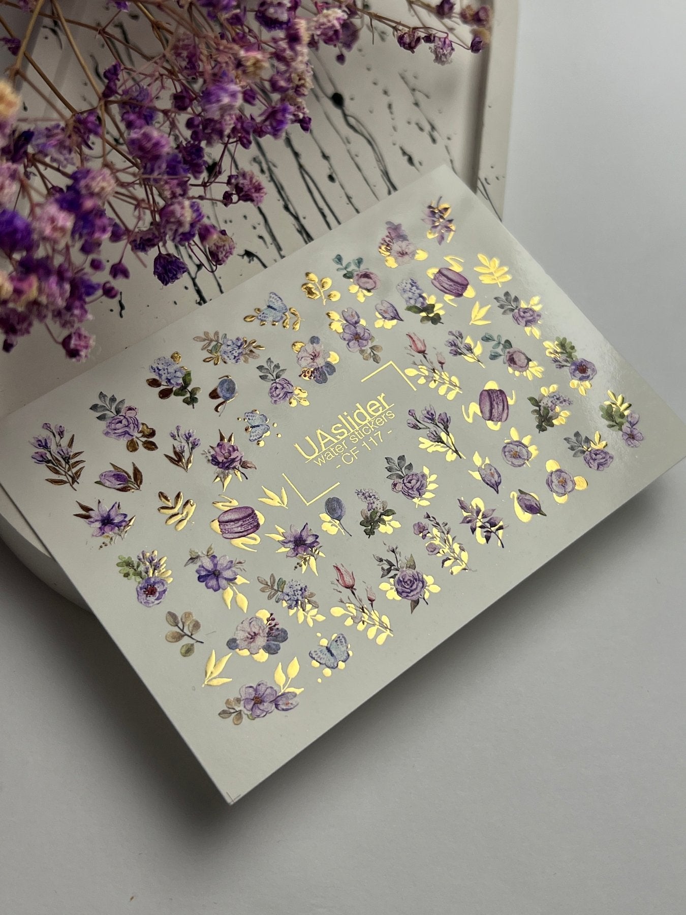 Nail Water Decal CF-117 | Floral Water Slide Nail Decals | Purple Flowers, Butterflies & Macarons - UASLIDER