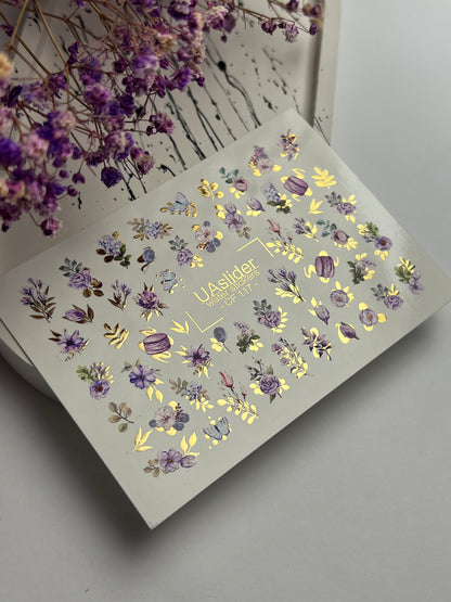 Nail Water Decal CF-117 | Floral Water Slide Nail Decals | Purple Flowers, Butterflies & Macarons