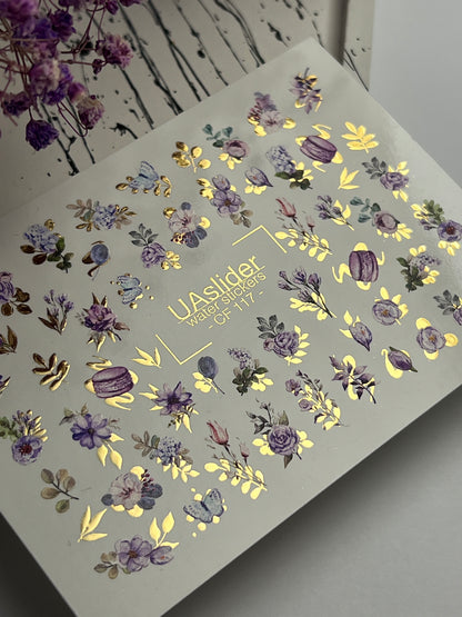 Nail Water Decal CF-117 | Floral Water Slide Nail Decals | Purple Flowers, Butterflies & Macarons