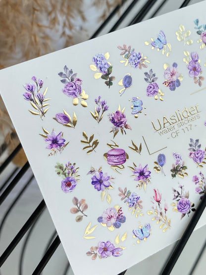 Nail Water Decal CF-117 | Floral Water Slide Nail Decals | Purple Flowers, Butterflies & Macarons