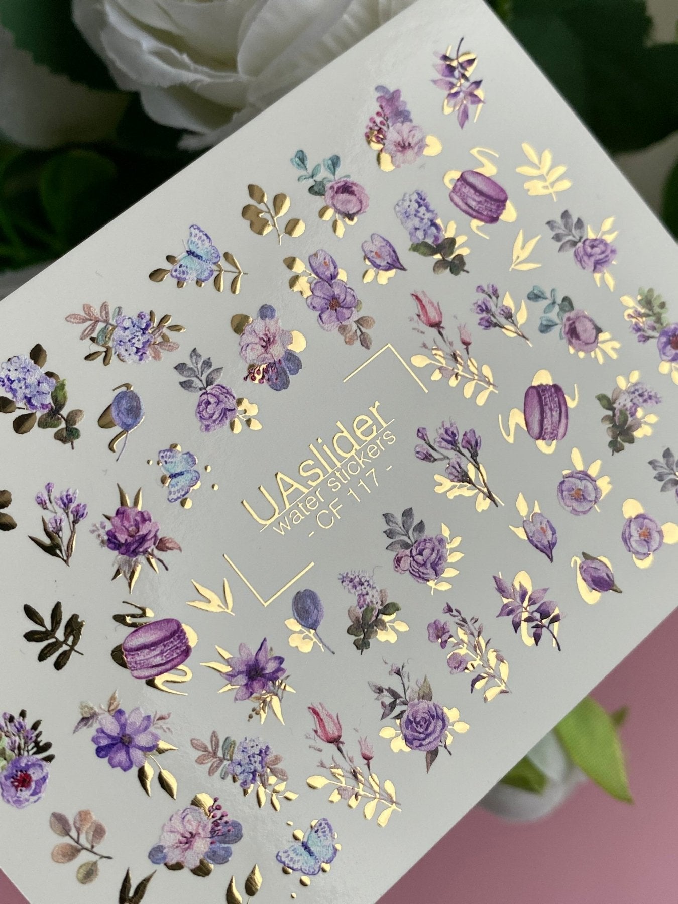 Nail Water Decal CF-117 | Floral Water Slide Nail Decals | Purple Flowers, Butterflies & Macarons - UASLIDER