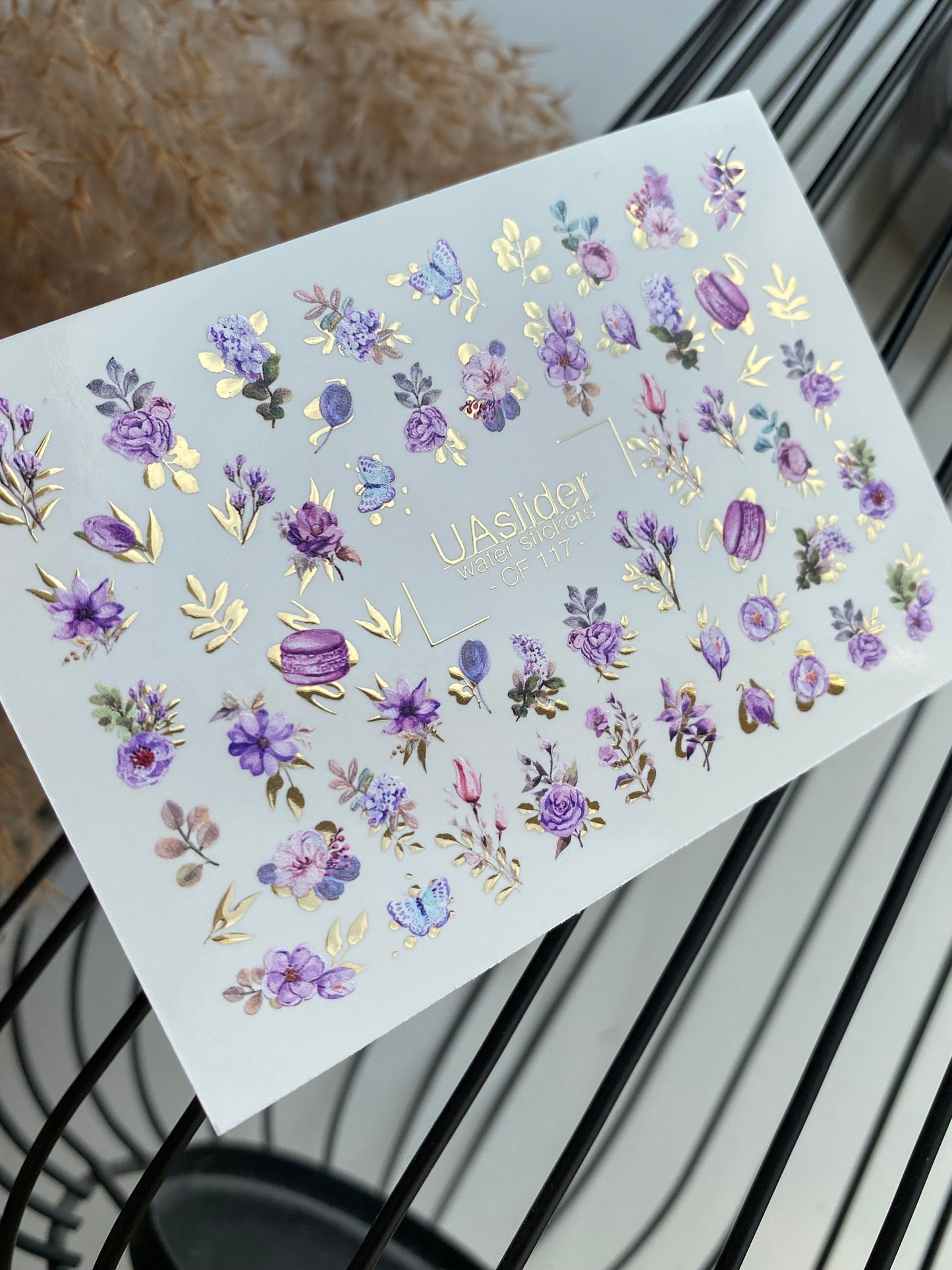 Nail Water Decal CF-117 | Floral Water Slide Nail Decals | Purple Flowers, Butterflies & Macarons