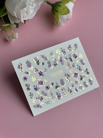 Nail Water Decal CF-117 | Floral Water Slide Nail Decals | Purple Flowers, Butterflies & Macarons